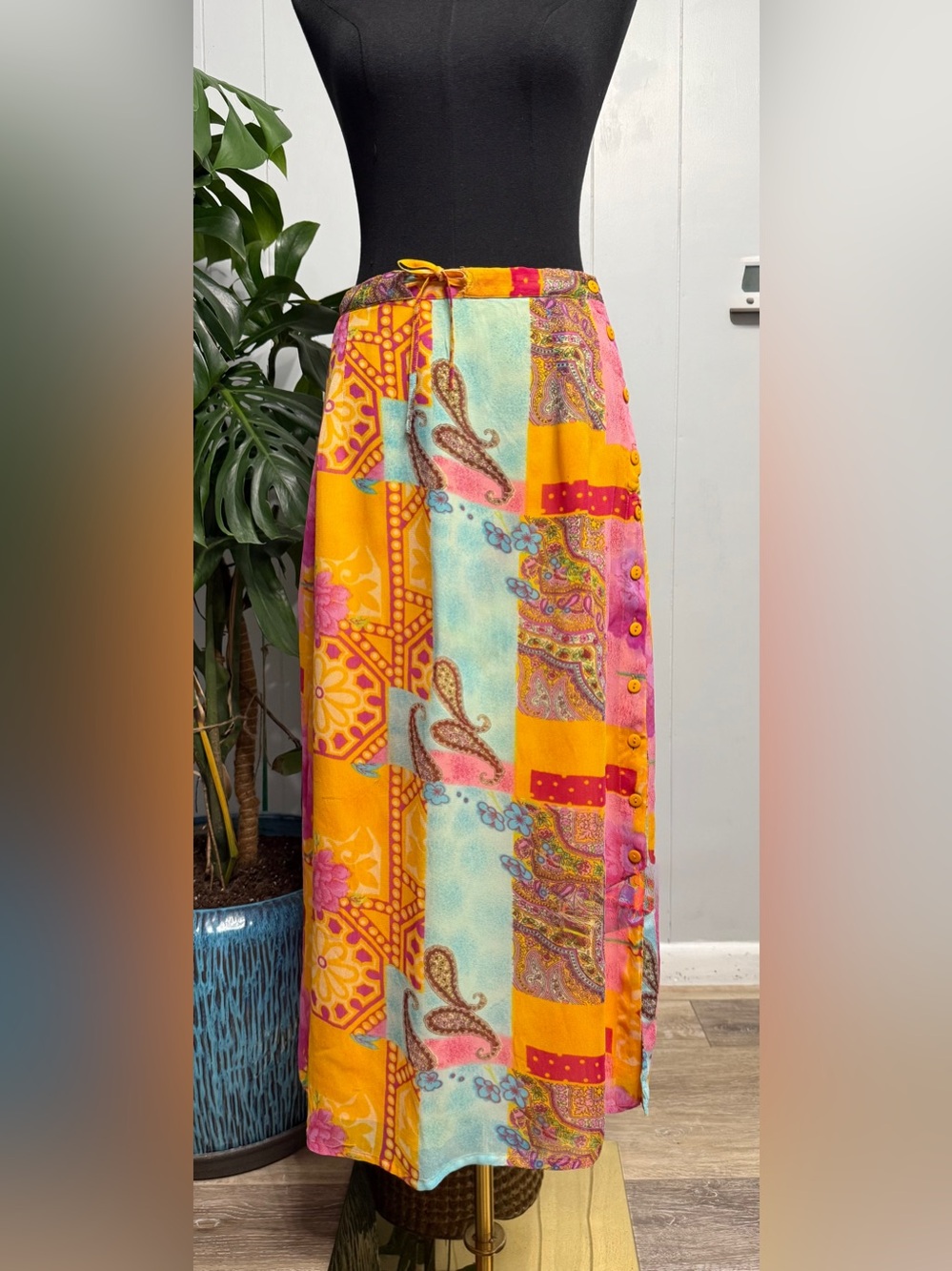 Vintage Patchwork Midi Sheer Skirt in Yellow Pink Multi - Picture 2 of 9